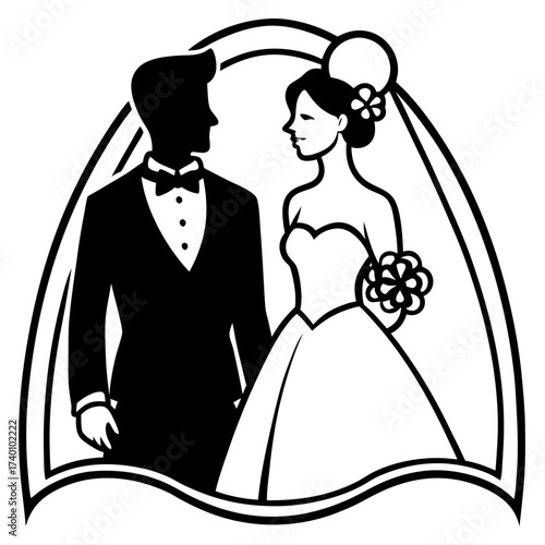 Silhouette of a bride and groom in formal wedding attire art