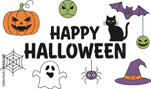 Whimsical Halloween illustration with spooky characters and festive greetings