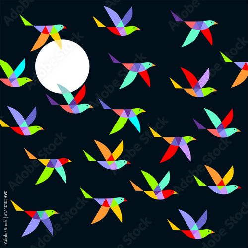 Colorful geometric birds in flight on night sky with moon