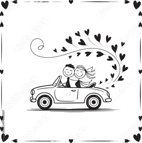 Love on the Road: A joyous newlywed couple embarks on their romantic journey, symbolized by hearts trailing behind their car in a cute sketch.