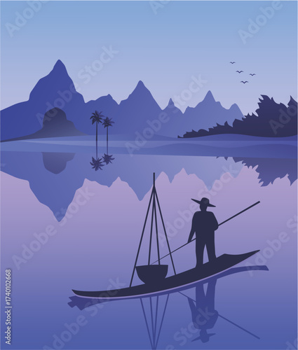 Fisherman on a boat at dusk in a mountain lake landscape