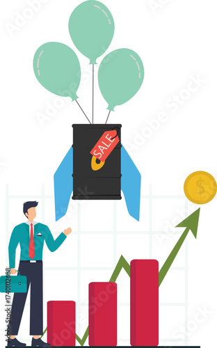 Oil price is rising with the help of balloons and wings, a businessman is watching isolated on adobe illustration vector style

