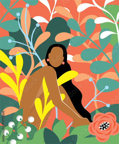 Woman immersed in lush foliage