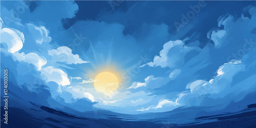 A vibrant blue sky with white fluffy clouds over Earth nature landscape