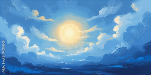 Beautiful sunrise over the sea with blue sky and white clouds, a light nature landscape