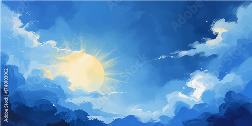 Beautiful blue sky cloudscape with bright sun light on a clear summer day outdoors