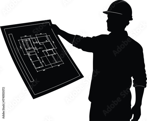 Silhouette of architect holding building blueprint on white background, architect, blueprint, plan, drawing, construction, building, design, engineer, project, house, home, architecture, professional,