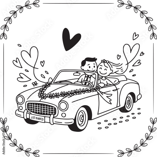 Romantic Getaway: A joyous couple celebrates their newlywed status, escaping in a charming vintage car, their happiness symbolized by hearts.