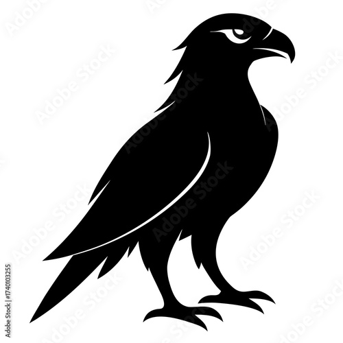 Silhouette of a majestic eagle standing tall with piercing eyes and sharp beak in striking black color
