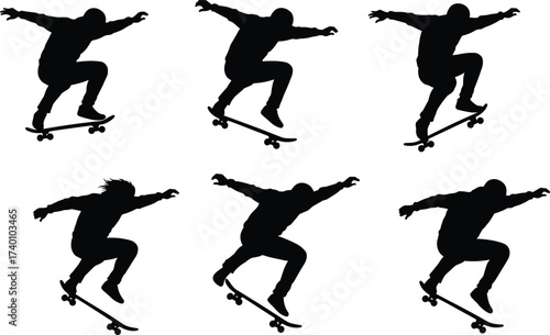 Skateboard silhouette, airborne trick sequence, stunt rider posture, black figure, extreme sport motion, dynamic jump, freestyle technique, skate maneuver, helmet athlete