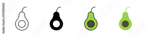 Avocado icon available in stroke outline, solid fill, flat color, and detailed color with shading. Perfect for food, healthy diet, organic produce, recipes, and grocery designs.