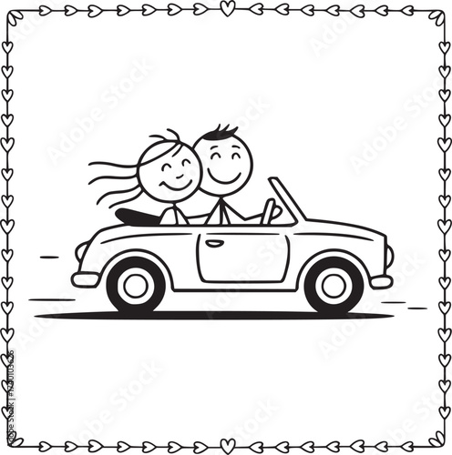 Romantic Road Trip: A charming black and white illustration depicts a smiling couple in a classic convertible car, driving off on a romantic adventure framed by a delicate heart border.  