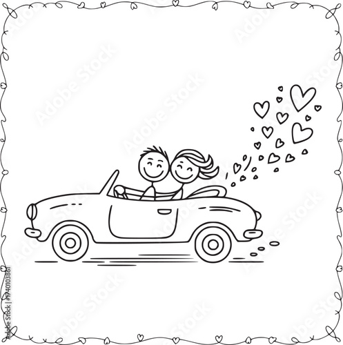 Love on the Road: A charming illustration captures a joyful couple cruising in a classic convertible car, with a trail of heart-shaped bubbles trailing behind them, symbolizing love and freedom.