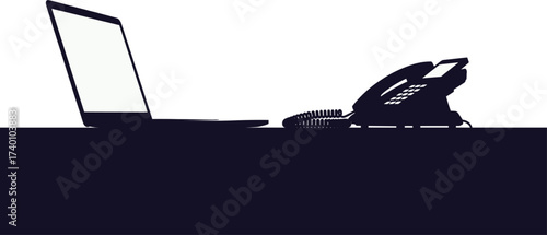 Silhouette of laptop and telephone on desk table office, desk, table, office, work, technology, communication, laptop, computer, notebook, telephone, phone, landline, corded phone, business, study, ed