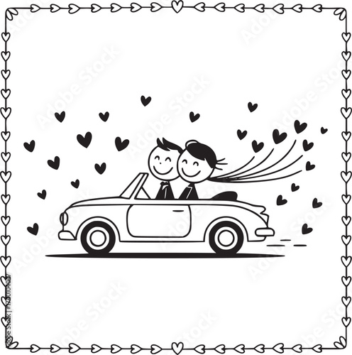 Journey of Love: An endearing illustration of a newlywed couple joyfully embarking on their romantic getaway in a charming convertible, surrounded by a cascade of hearts, signifying a new beginning.