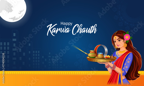 vector illustration of Indian festival background Karva Chauth celebrated by Hindu women