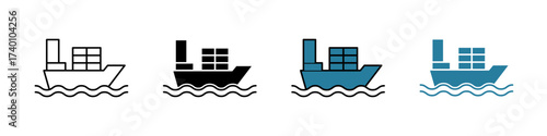 Cargo Ship icon in stroke, fill, color stroke, and color fill style with a white background. Suited for freight, shipping, logistics, import-export and maritime projects; ideal for dashboards, website
