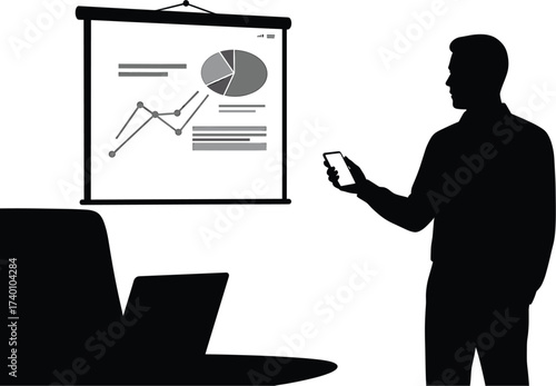 Silhouette of man with phone near presentation screen, business, presentation, meeting, conference, man, male, silhouette, black and white, isolated, white background, standing, holding phone, smartph