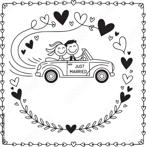 Joyful Wedding Cartoon: A whimsical cartoon illustration of a newlywed couple riding away in a classic convertible, surrounded by hearts and floral embellishments.