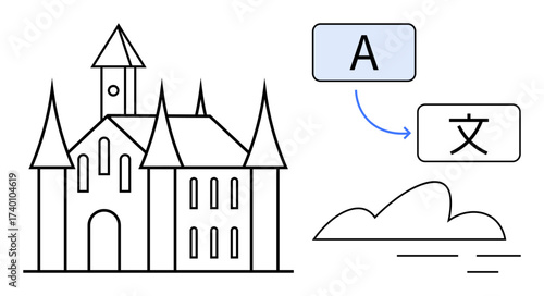 Gothic castle structure with arrow connecting language text boxes representing translation. Ideal for multilingualism, language learning, global communication, culture, technology, education, simple