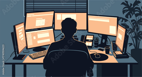 Silhouette of person at desk with multiple computer monitors, silhouette, person, man, woman, desk, table, computer, monitor, screen, multiple, workstation, office, dark, room, blinds, window, plant, 
