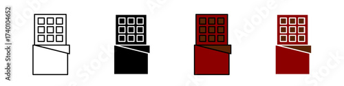 Chocolate icon in outline, solid, and color styles. Represents sweetness, dessert, candy, and snacks. Perfect for food, or celebration themes, isolated on white.