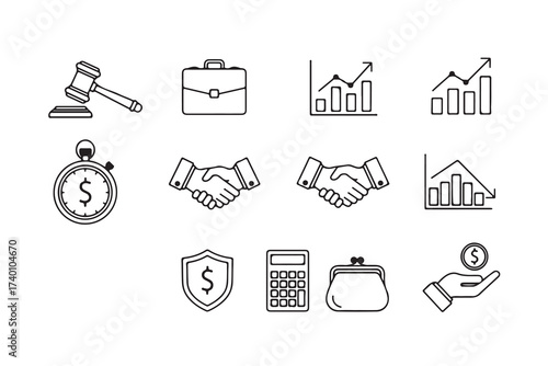 Financial and business icon set includes gavel, briefcase, graph, handshake, shield, calculator, and more