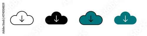 Cloud down icon in outline, solid, and color styles. Represents cloud storage, downloading, data transfer, and internet. Perfect for tech and digital themes, isolated on white.