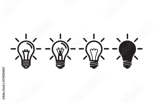 Four light bulbs in a row, three are lit and one is off, representing different ideas