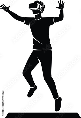 Silhouette of person wearing VR headset and headphones, virtual reality, vr, headset, goggles, technology, gaming, entertainment, person, man, male, silhouette, black and white, isolated, white backgr