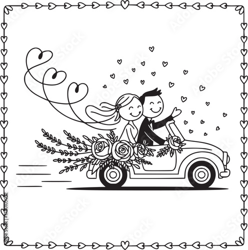 Romantic Journey: A delightful cartoon depicts a newlywed couple embarking on their joyous honeymoon, their car adorned with flowers and trailing hearts, symbolizing love and new beginnings. 