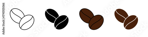 Coffee bean icon in outline, solid, and color styles. Represents coffee, energy, and freshness. Perfect for beverages, restaurants, or branding themes, isolated on white.