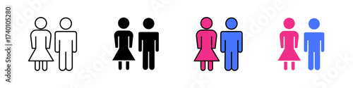 Couple icon in outline, solid, and color styles. Represents love, relationship, friendship, and togetherness. Perfect for romance, wedding, or social themes, isolated on white.