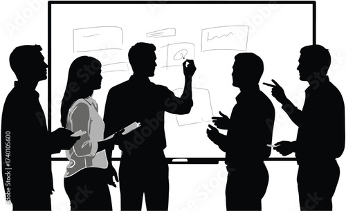 Team brainstorming session at a whiteboard with drawings, team, brainstorming, meeting, silhouette, whiteboard, drawings, sketches, ideas, collaboration, discussion, presentation, learning, teaching, 