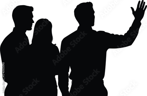 Three people silhouetted, one waving group, people, silhouette, group, three, waving, hand, greeting, man, woman, standing, together, isolated, white background, communication, interaction, welcome