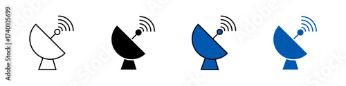Dish antenna icon in outline, solid, and color styles. Represents communication, satellite, broadcasting, and signal transmission. Perfect for telecom themes, isolated on white.
