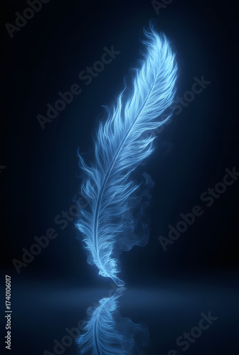 digital art photography of a phoenix feather floating and its reflection, see through feather, detailed feather, glowing light, fire burning around feather, dark background, intricate detailed