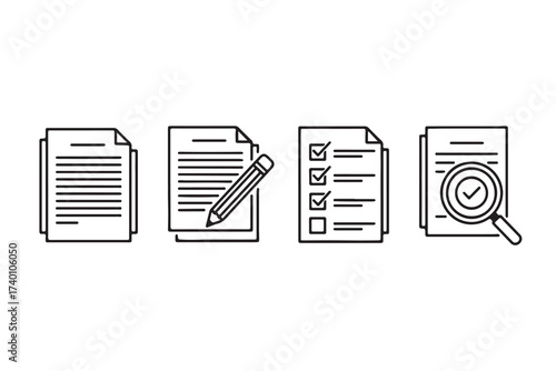 Document management icons paper, pencil, checklist, magnifying glass in minimalist black and white design for business