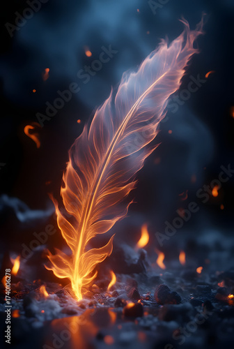 digital art photography of a phoenix feather floating and its reflection, see through feather, detailed feather, glowing light, fire burning around feather, dark background, intricate detailed