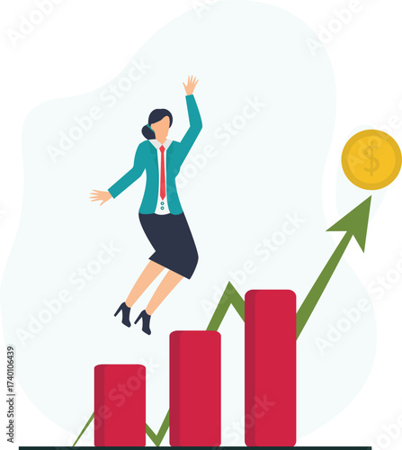 Businesswoman jumping over bar graph with dollar coin isolated on white background financial success concept
