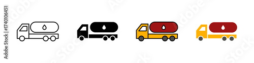 Fuel truck icon in outline, solid, and color styles. Represents transport, fuel delivery, logistics, and petroleum. Perfect for energy, supply, and industry themes, isolated on white.