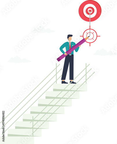 Businessman climbing stairs to target isolated on white background goal achievement and success concept

