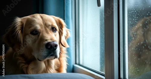 Golden retriever gazing thoughtfully out of a rainy window, reflecting mood
