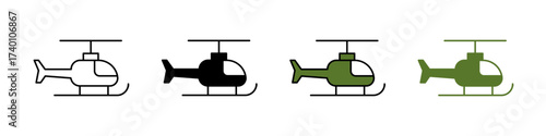 Helicopter icon in outline, solid, and color styles. Represents aviation, transport, rescue, travel, and military use. Perfect for air transport themes, isolated on white.