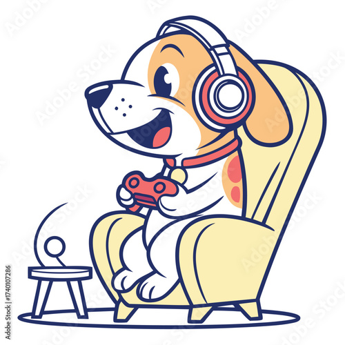 Funny cartoon gamer dog with controller – flat vector illustration