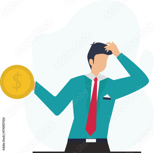 Confused businessman holding a coin, scratching his head, isolated on adobe illustration vector style financial difficulties
