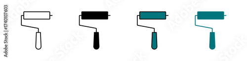 Paint roller icon in outline, solid, and color styles. Symbol of painting, renovation, decoration, and construction work. Isolated on white background.