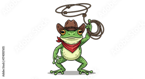 Funny cartoon frog character dressed as a cowboy ready to throw a lasso posing isolated on white