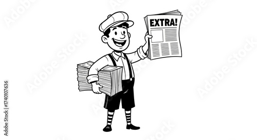 Cartoon illustration of a newsboy shouting extra while holding newspapers on white background