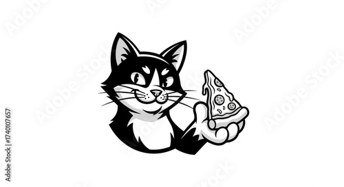Cartoon cat enjoying a slice of pizza in a black and white graphic design for a fun brand